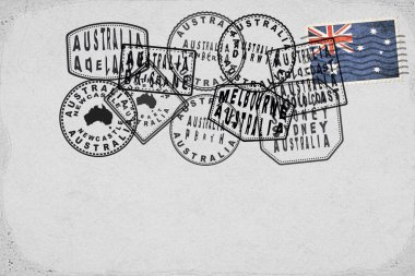 Australia Vintage Postcard with Flag Stamp and City Postmarks
