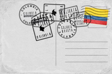 Colombia Vintage Postcard with Flag Stamp and City Postmarks
