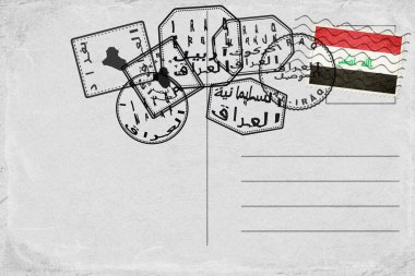 Iraq Vintage Postcard with Flag Stamp and City Postmarks