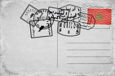 Morocco Vintage Postcard with Flag Stamp and City Postmarks