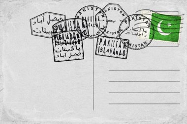 Pakistan Vintage Postcard with Flag Stamp and City Postmarks