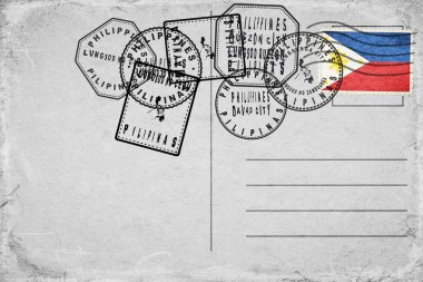 Philippines Vintage Postcard with Flag Stamp and City Postmarks