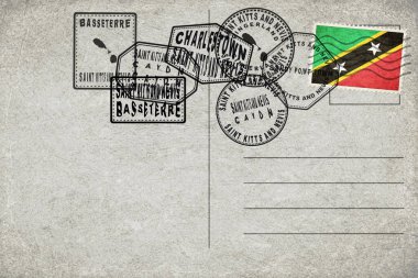 Saint Kitts and Nevis Vintage Postcard with Flag Stamp and City Postmarks