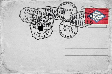 Arkansas Vintage Postcard with Flag Stamp and City Postmarks