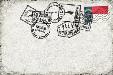 North Carolina Vintage Postcard with Flag Stamp and City Postmarks