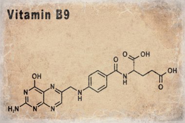 B9 vitamini, folik asit, beyaz bir grup üzerinde yapısal kimyasal formül.