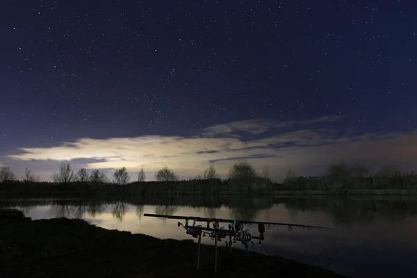 Natt fiske, karp stavar, stjärnklart reflektion — Stockfoto