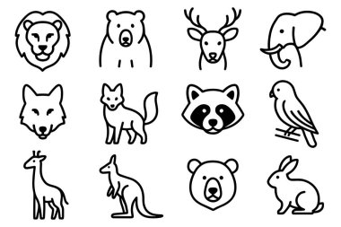 Hayvan simgeleri, el çizimi hayvanlar, vektör illüstrasyonu