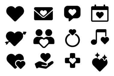 Beyaz arkaplandaki 12 aşk simgesi beyaz arka planda, kalp şeklinde, sevgililer gününde izole edilmiş.