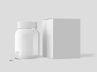 Beyaz plastik hap şişesi maketi, vitamin veya takviye kavanozu şablonu. Kapaklı ilaç ambalajı. Eczane paketi. Karton kutu ve beyaz hap kapsülleri. 3D çizimlerin gerçekçi kümesi.