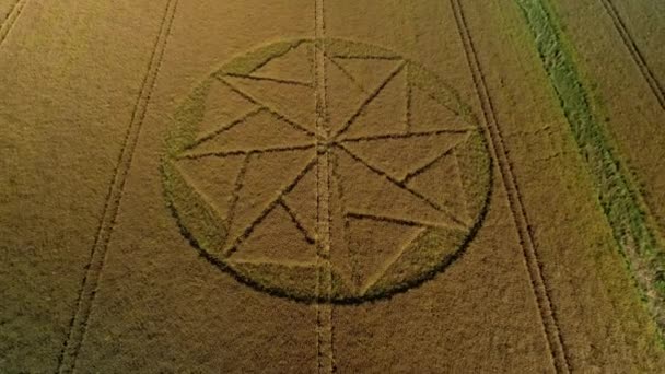 奇妙な農地ミステリーサークルの幾何学アートワークスタントン セント バーナード空撮ビューウィルシャーは離れて引く — ストック動画