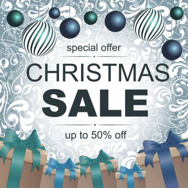 Vektör. Özel teklif, Noel indirimi,% 50 'ye varan indirim. Renkli afiş. Kış. Hediyeler.