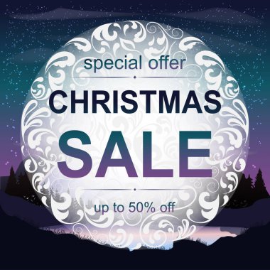 Yılbaşı indirimi. Vektör bayrağı. Renkli. Yıldızlı gökyüzü