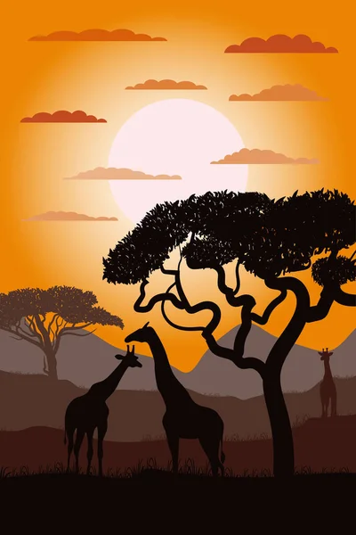 Afrika Savanasının Zürafa Silueti Manzara Afrika Renkli Vektör Çizimi Vahşi — Stok Vektör