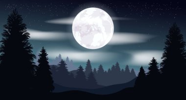 Vektör kasvetli illüstrasyon. Gece manzarası, ay. Bulutlardaki yıldızlı gökyüzü. Gece Ormanı.