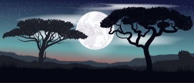 Güzel vektör çizimi. Peyzaj. Ay. Gece, yıldızlı gökyüzü.