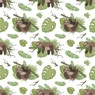 Bir daldaki tembel hayvan. Neşeli vektör çizimi. Tropik yapraklar. Uyuyan tembel hayvan. Kusursuz desen.