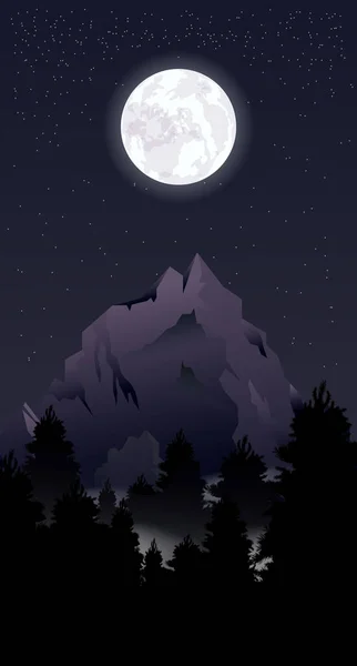 Paysage Nocturne Vectoriel Montagnes Forêt Ciel Étoilé Illustration Colorée Lune — Image vectorielle