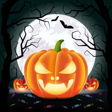 Cadılar Bayramı güzel vektör illüstrasyonu. Ay. Balkabağım. Yarasa