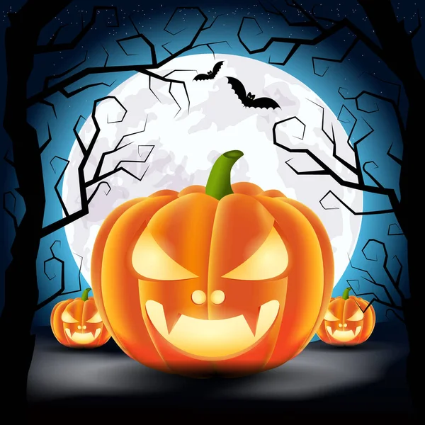 Cadılar Bayramı güzel vektör illüstrasyonu. Ay. Balkabağım. Yarasa