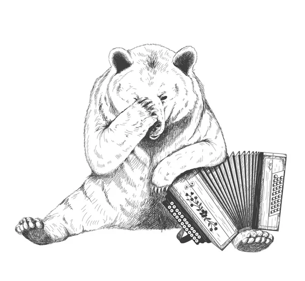Triste ours est assis avec un accordéon. Croquis — Image vectorielle