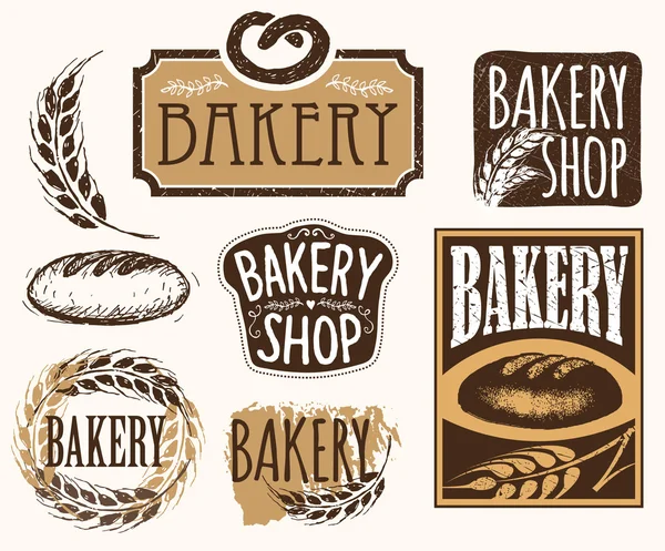 Conjunto de etiquetas de panadería vintage, insignias y elementos de diseño. Hecho a mano . — Archivo Imágenes Vectoriales