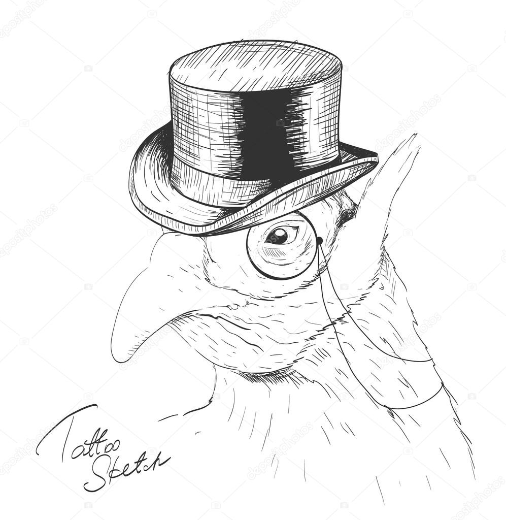 Interesting bird in black top hat and monocle. Sketch.