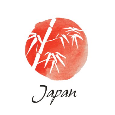 Sumi-e tarzında beyaz arka plan üzerinde bambu ile kartı. Mürekkeple çizilmiş. Vektör çizim. Japonya bayrağı
