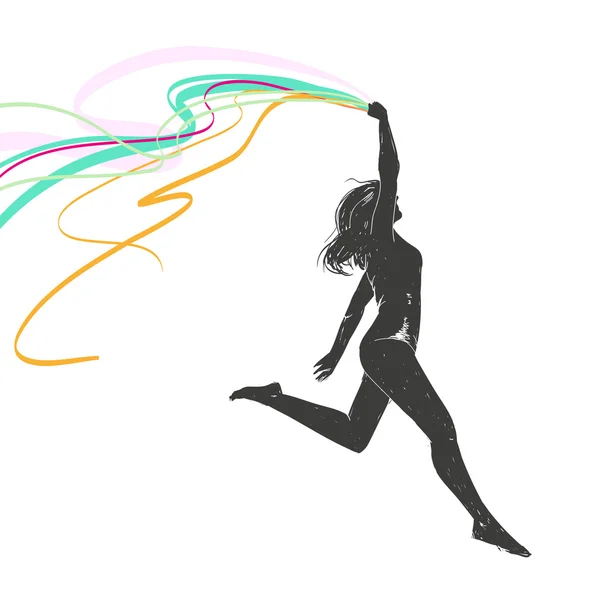 Chica corriendo sostiene una cinta sobre su cabeza. Chica atleta . — Vector de stock