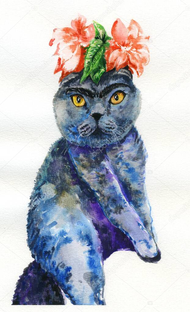 Drawing of a cat in the style of Frida Kahlo