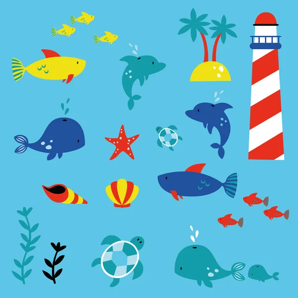 Vida marinha crianças estilo ilustração conjunto — Vetor de Stock