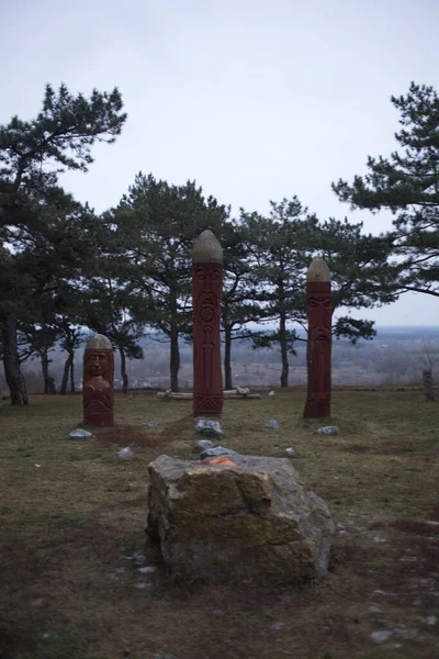 Oude Houten Figuren Het Bos — Stockfoto