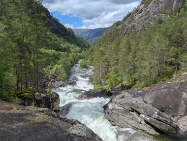 waterfall cascading down dark rocky cliff into shallow riverbed surrounded by green forest trees