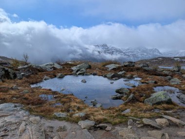 Kuru çimenler, kürekler ve kayalıklarla çevrili dağ göleti. Uzakta yoğun bulutların ardında karlı tepeler saklı..