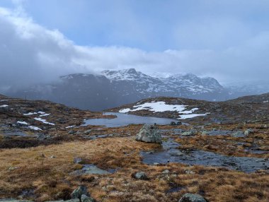 Kuru çimenler, kürekler ve kayalıklarla çevrili dağ göleti. Uzakta yoğun bulutların ardında karlı tepeler saklı..