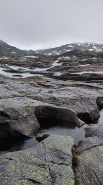 Geniş görüş, küçük havuzlu kayalık araziyi ve yüksek irtifada gökyüzü altında karları yakalıyor.