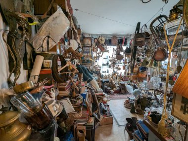 Yoğun bir antika dükkanının iç manzarası, müzik aletleri, klasik lambalar ve çeşitli koleksiyonlarla dolu raflarla çevrili dar koridorları gösteriyor..