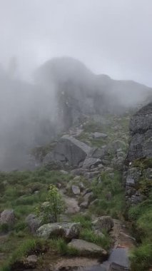 Esrarengiz bir dağ manzarası, bulutlu bir gökyüzünün altında yoğun, girdap gibi beyaz bir sisle kısmen gizlenmiş sivri tepelere doğru uzanan dolambaçlı bir taş yolu içerir..