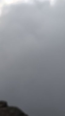 Yoğun, tekdüze, gri bir sis tabakası ya da yoğun bir sis tabakası çerçeveyi tamamen doldurur, tüm kara ve gökyüzünü minimalist, atmosferik bir doğa görüntüsüyle gizler..