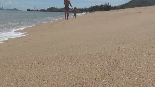 Папа и ребенок идут на пляж. волна катится к берегу. пляж гладкий песок — стоковое видео