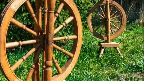 Old wooden spinning swirling amid the green park. — Stock Video