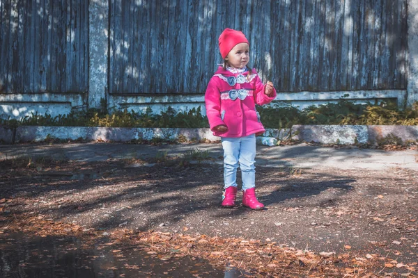 Malá holčička v růžový kabát, džínách a botách chodit do parku — Stock fotografie