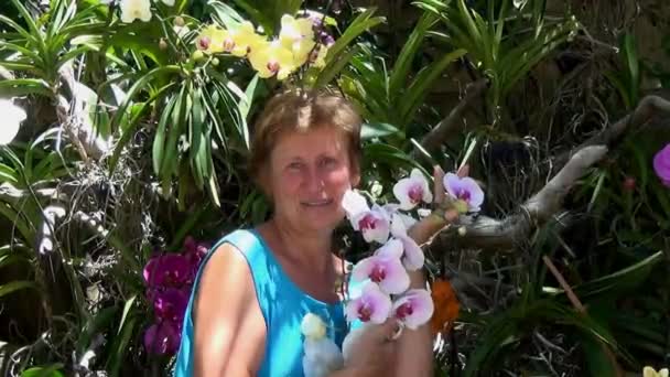 Mujer sonriendo, oliendo y admirando las coloridas orquídeas — Vídeo de stock