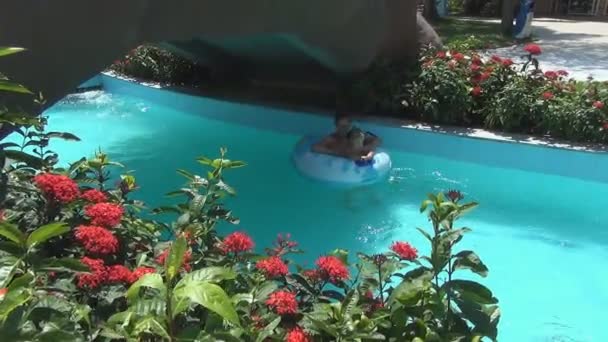 Junge schöne Frauen und Baby schwimmen auf Schwimmkreisen auf einem langsamen Fluss im tropischen Garten. Frau wäscht Baby — Stockvideo