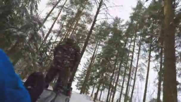 El tractor de orugas lleva a la gente en un trineo a través del bosque en invierno — Vídeo de stock