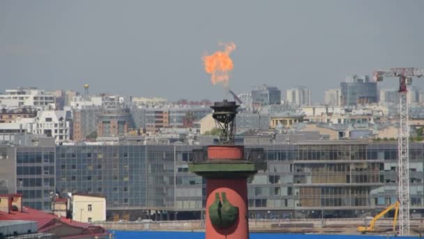 A ilha de Vasilyevsky Cuspe Strelka com colunas de Rostral com fogo em São Petersburgo — Vídeo de Stock