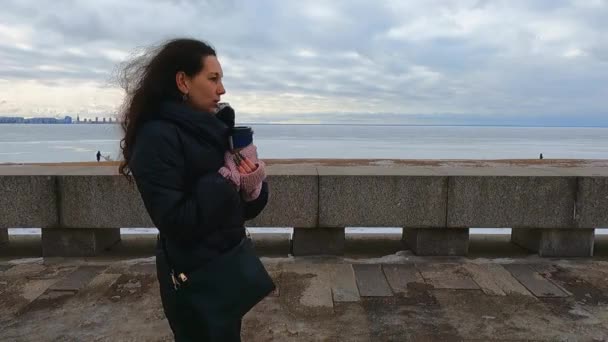 De winter een droevig meisje op de dijk van de bevroren zee — Stockvideo