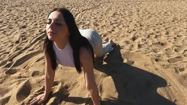 La ragazza in una mattina di sole è impegnata in fitness che si estende sull'argine — Video Stock