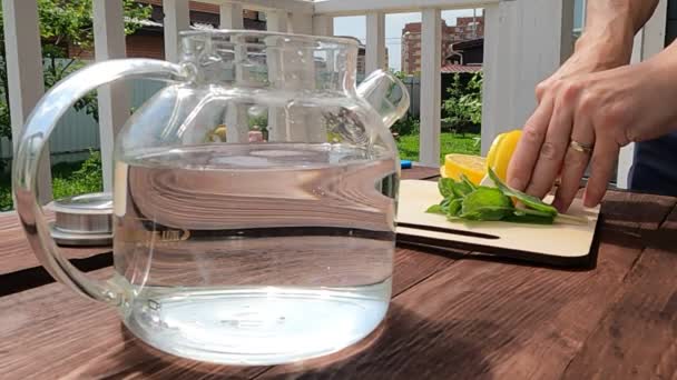 La bebida refrescante de verano hecha de limón y menta — Vídeos de Stock