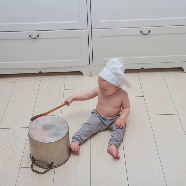 Baby Boy Image Cook Spoon Saucepan — Stock Photo, Image